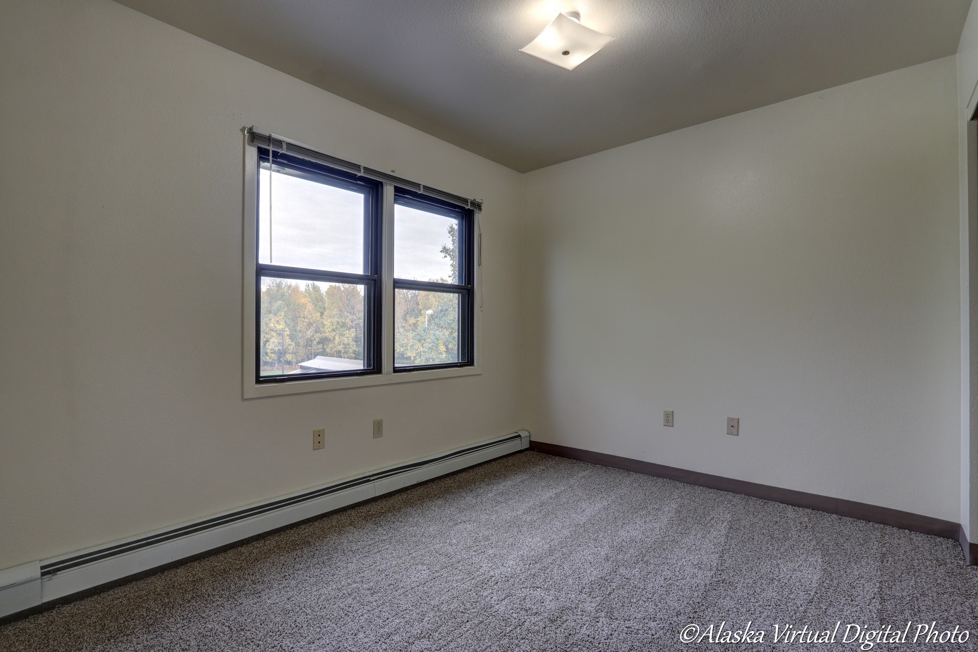 image of carpeted bedroom with window overlooking neighborhood