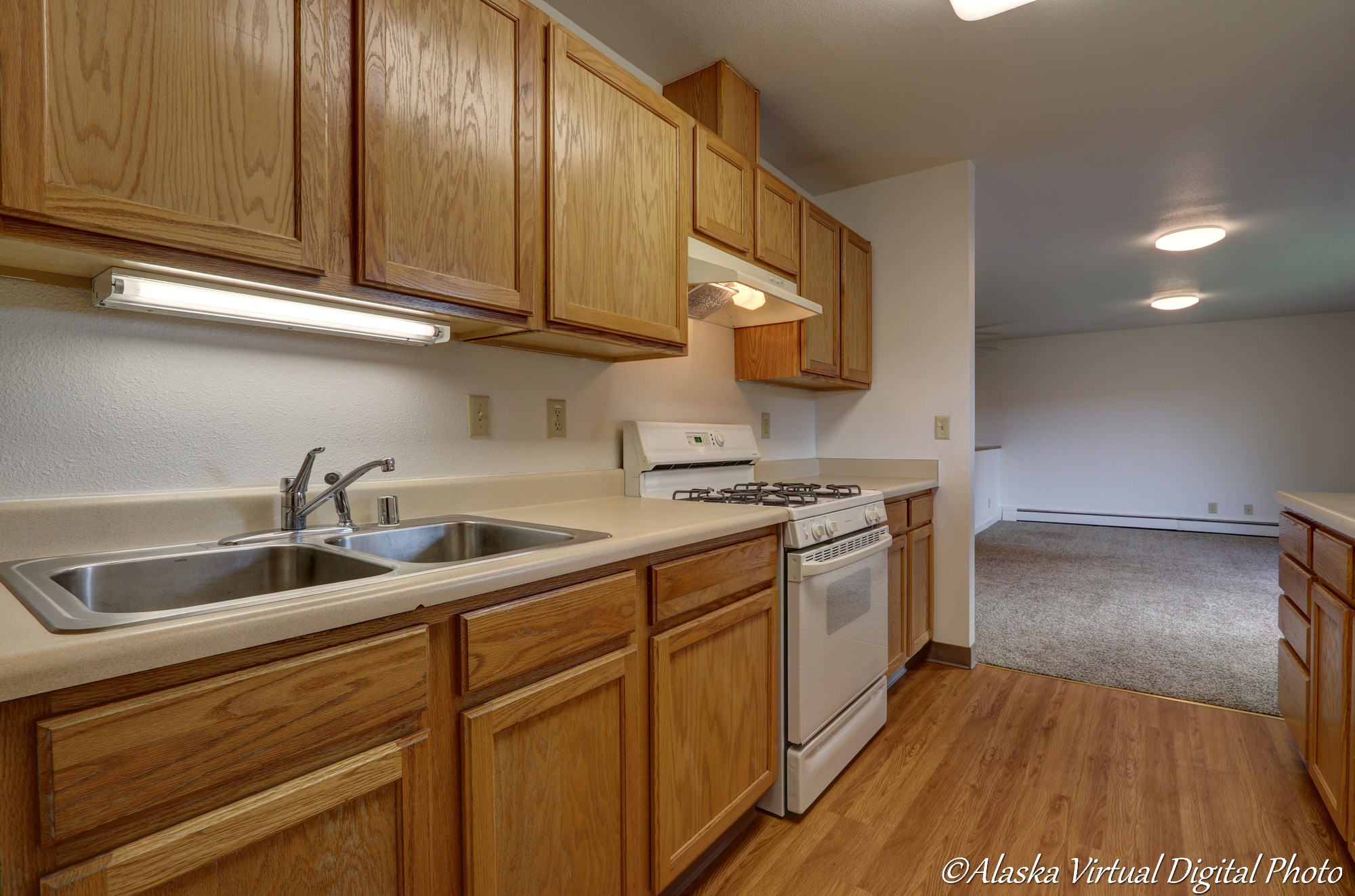 image of long kitchen with wooden floors, undercabinet lighting. Dinning room towards rear of the image