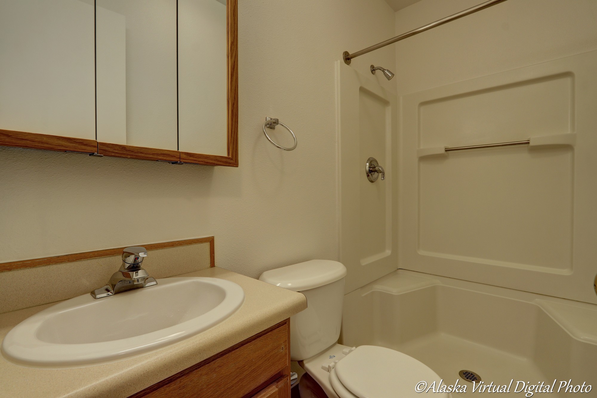 Close up image of bathroom. From left to right... sink, toilet, shower