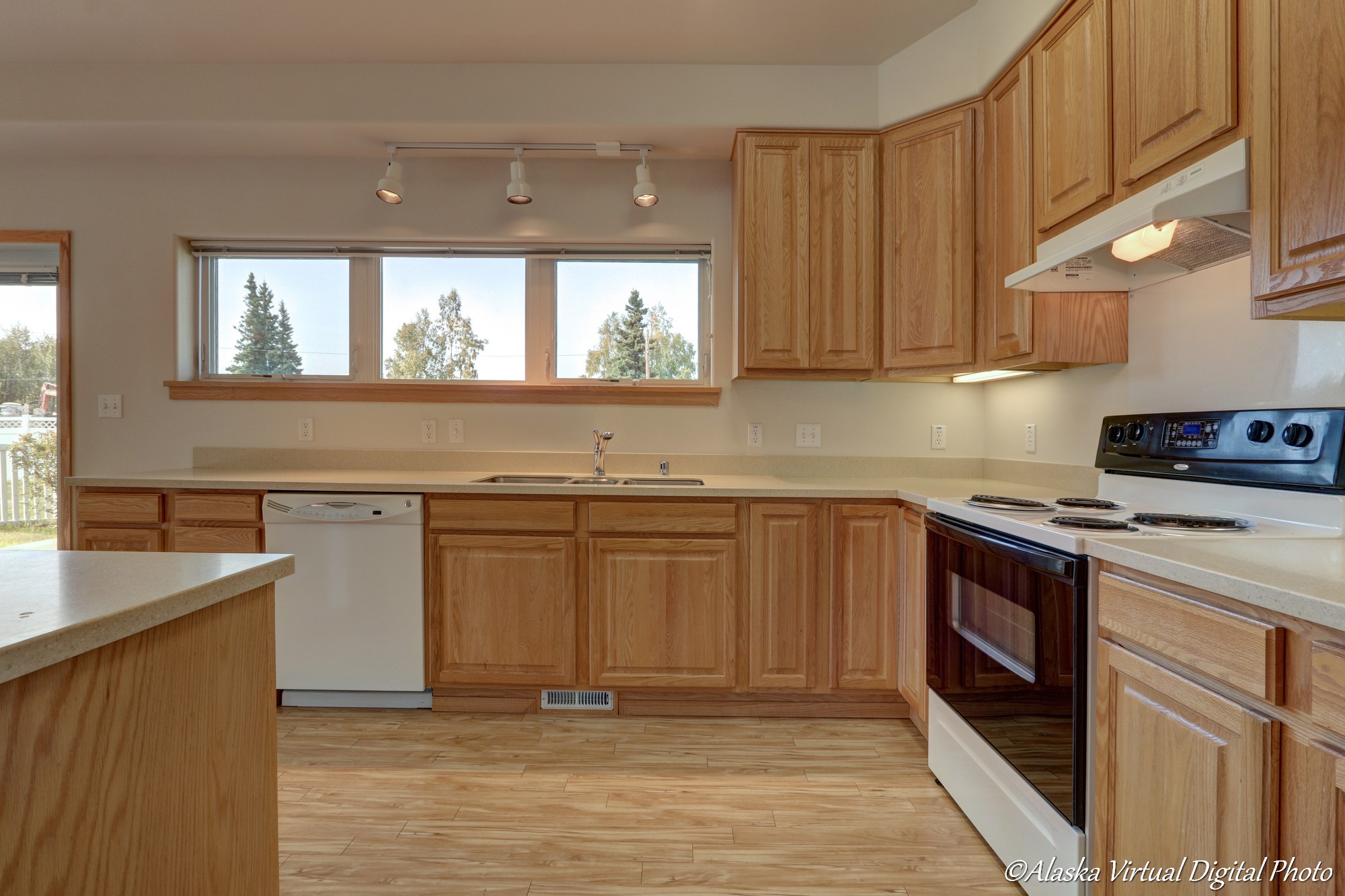 View of kitchen with multiple windows overlooking back yard