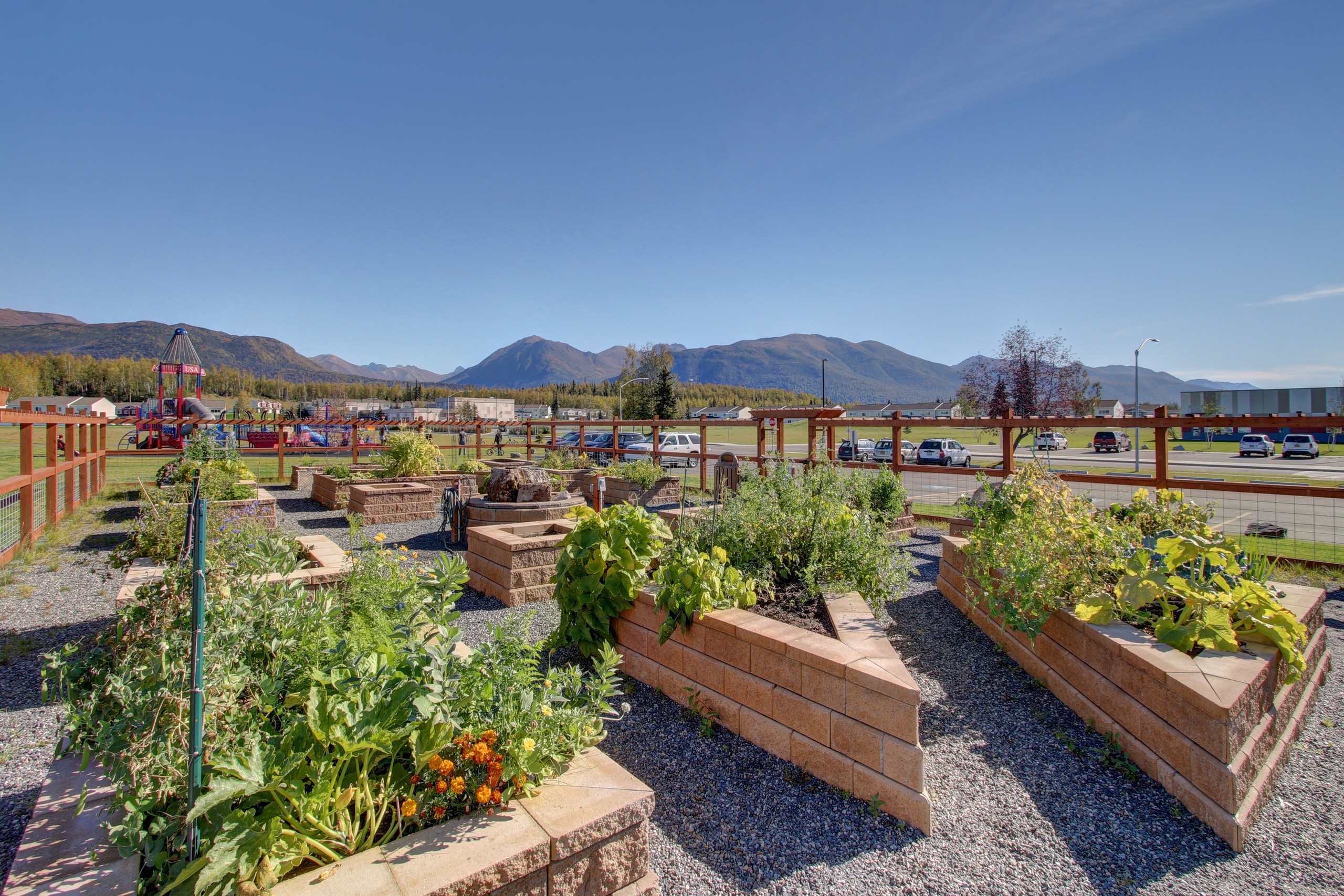 A fenced off community garden with gravel pathways