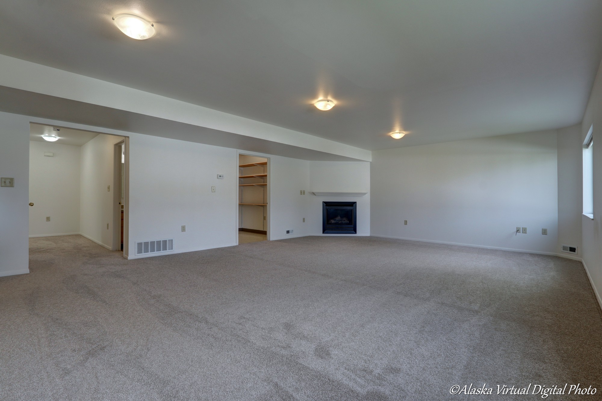 Large Open Living room with built in storage and fireplace