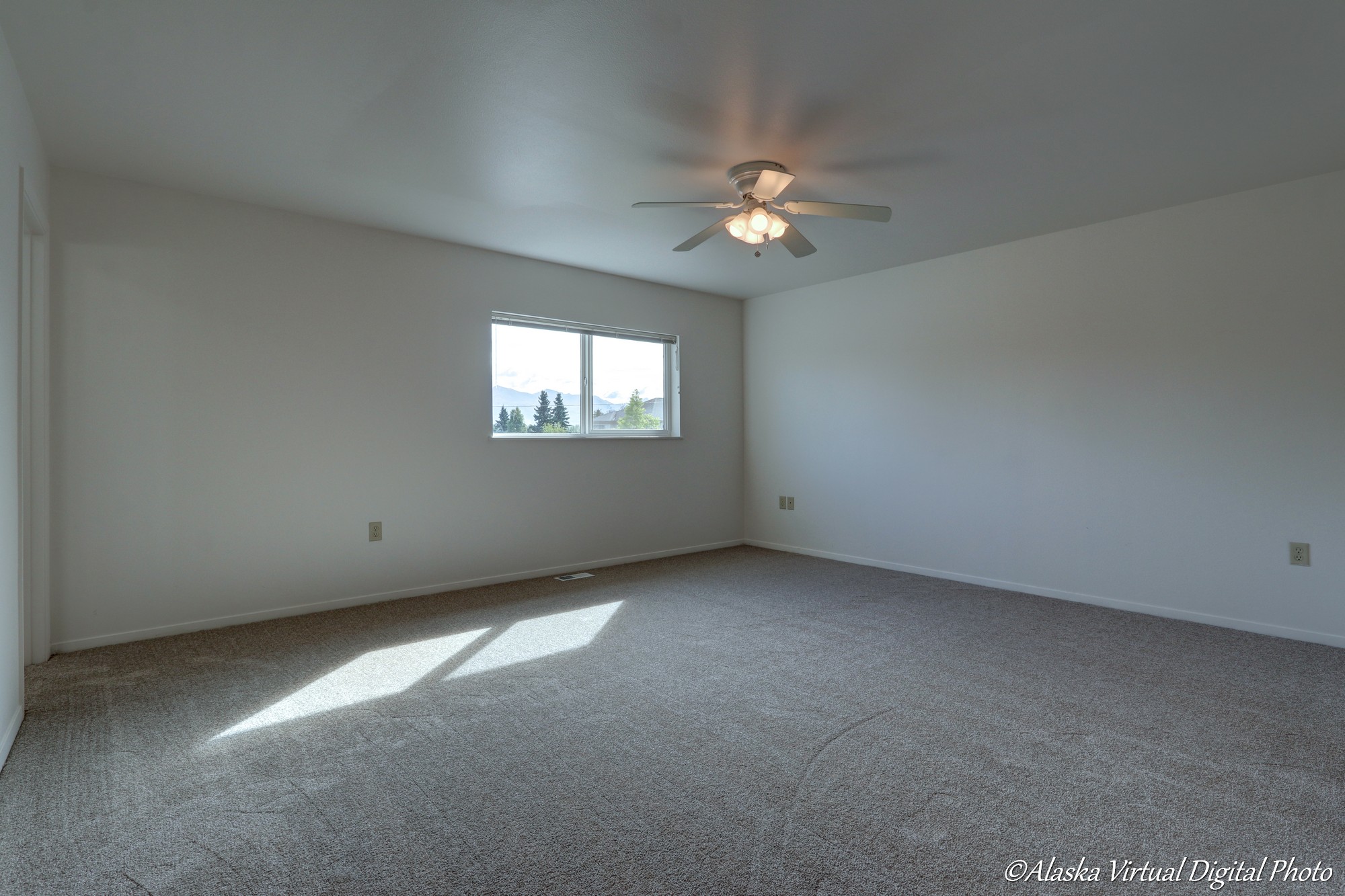 Large Master Bedroom with ceiling fan and rectangular windows