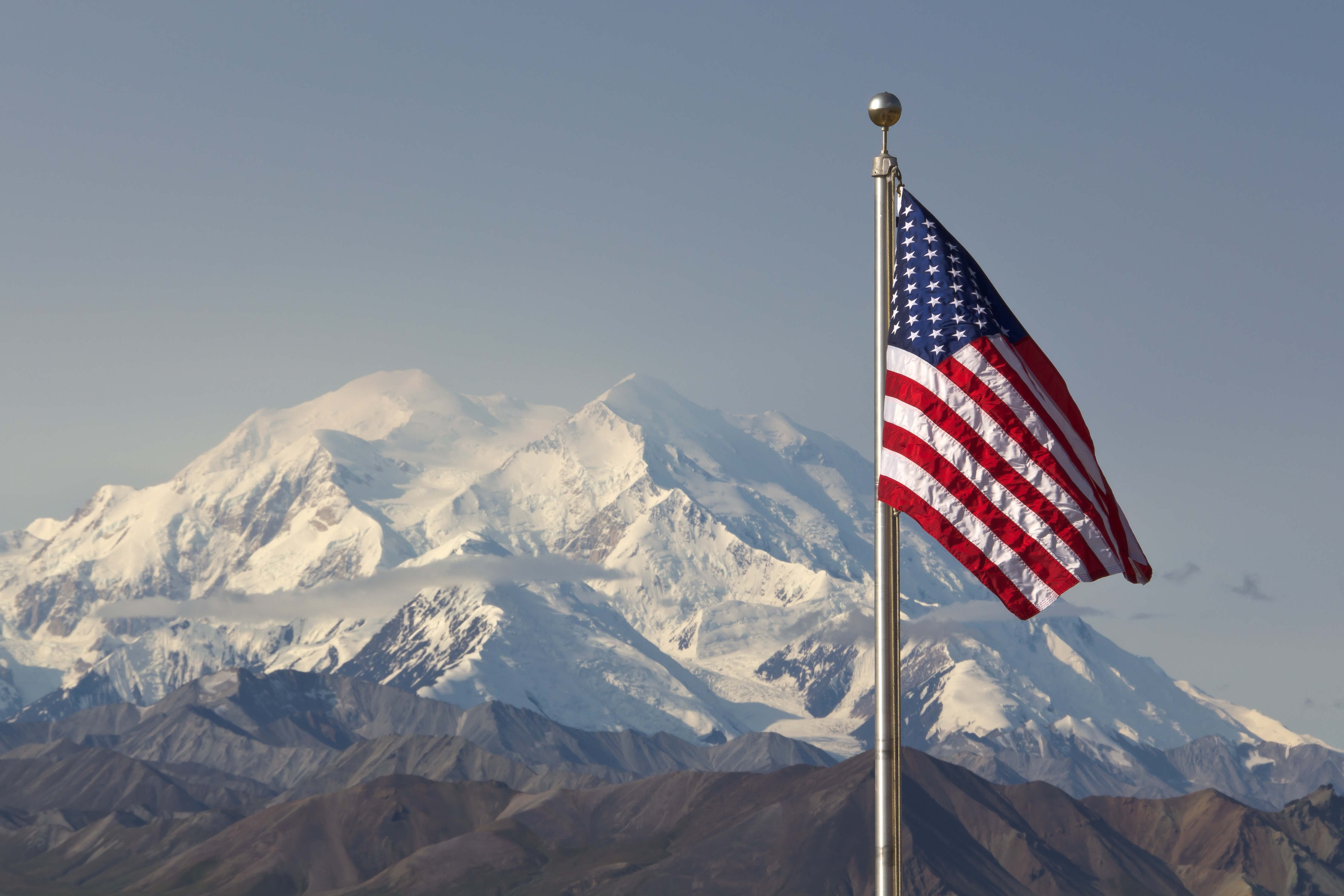 American flag in front of Denali in Healy Alaska
