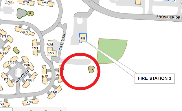 Map showing location of playground in Silver Run, off of Gray Loop, near building 3772 and community garden