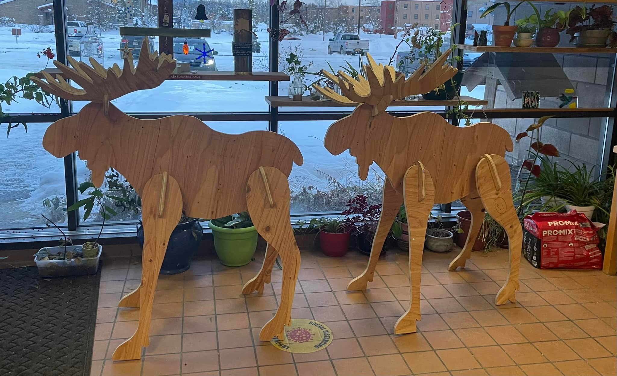 large wooden moose in breezeway