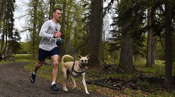 man running on well maintained trail in summer with dog